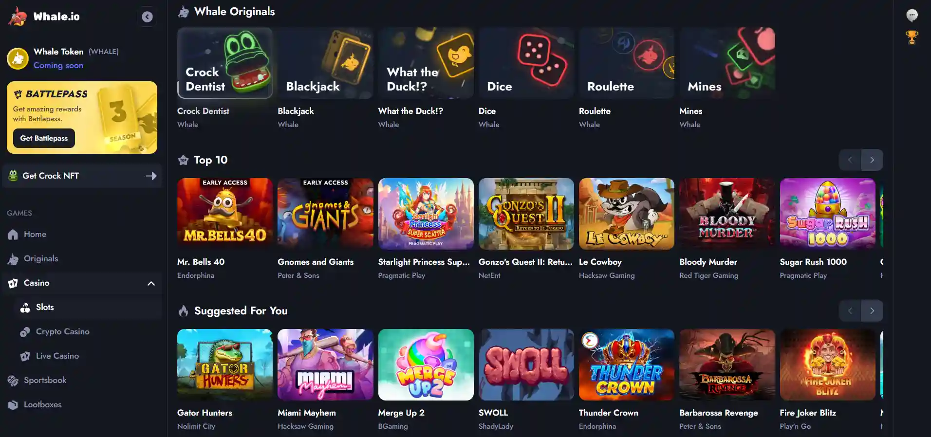 Whale.io casino's games, menu and selected casino games against a black background.