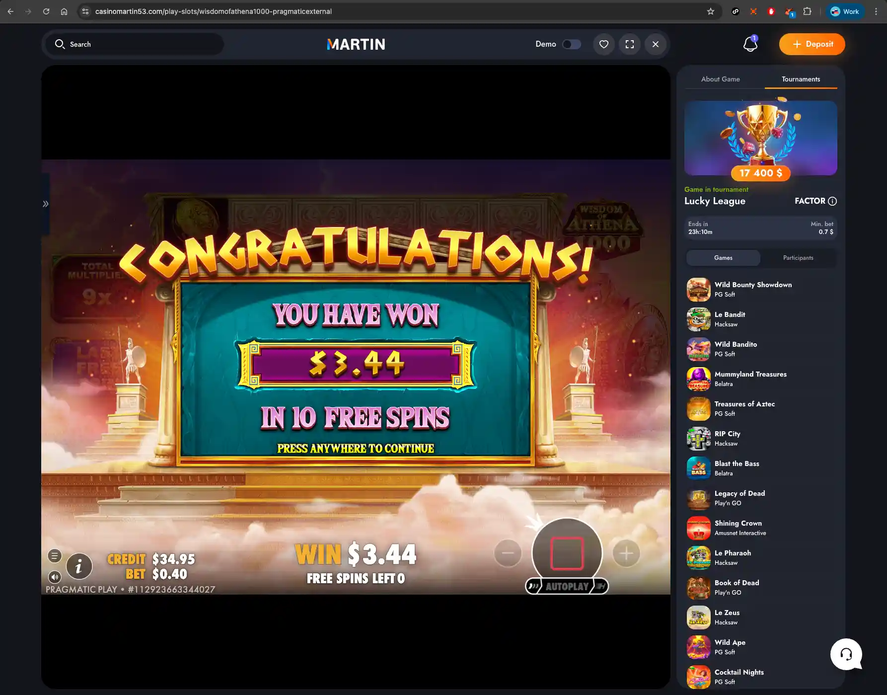 Martin casino wisdom of athena screen