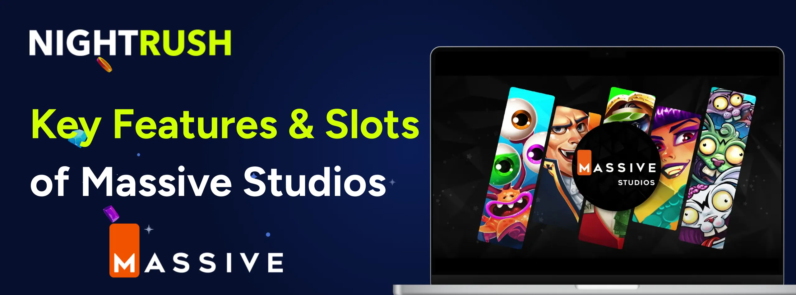 Key Features & Slots of Massive Studios text with brand logo and slots on a laptop against a dark banner.