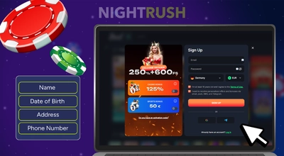Nightrush registration guide showing a laptop with the Beef casino sign-up form and fields for name, date of birth, address, and phone number.