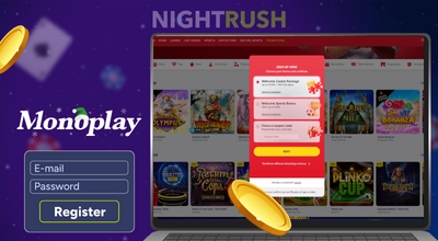 Monoplay's welcome offers on a laptop, a register button and two coins against a purple background.