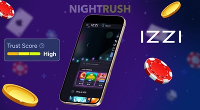 IZZI Casino on a phone, a trust score, casino items, and the company logo flying around.