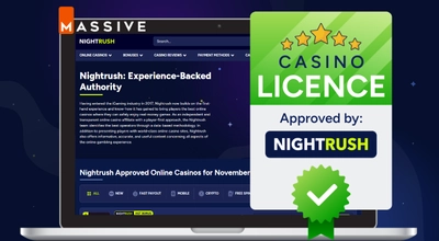Nightrush casino list and a licence on a laptop with Massive Studios logo against a dark setting.