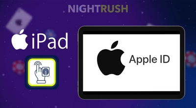 Apple ID on a tablet, iPad logo and touch screen logo against a starry setting.