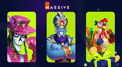 Three Massive Studios' slot on lime green boxes, brand logo and a gift box against a dark setting.