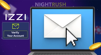 An envelope on a laptop, a verify button, gold, and the IZZI logo against a starry background.