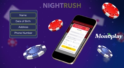 Monoplay's register on a phone, personal details button and coins against a purple background.