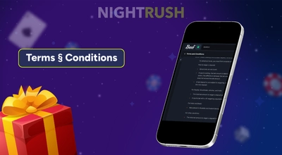 Nightrush step highlighting the Terms and Conditions page displayed on a smartphone screen with a gift box graphic.