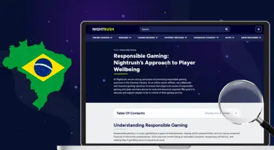 Responsible gaming on a laptop, a magnifying glass and a Brazilian flag against a dark background.