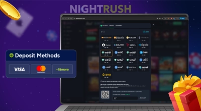 Nightrush deposit step showing available payment methods on a laptop screen including Visa, Mastercard, and various cryptocurrencies.