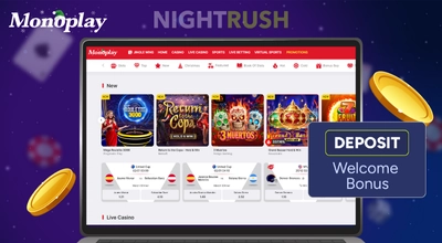 Monoplay's games on a laptop, deposit button and two coins against a purple background.