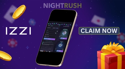 IZZI Casino on a phone, a claim now button, casino items, and the company logo flying around.