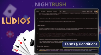 Ludios's terms on a laptop with its logo, a 'terms' button and cards against a starry background.