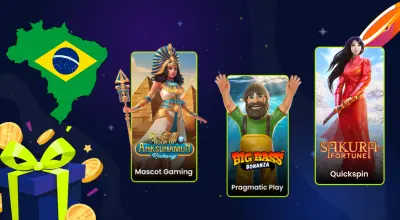 Three slots with a gift box and a Brazilian flag against a dark background.