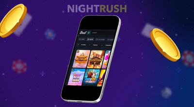 Nightrush mobile view displaying the Beef casino game lobby on a smartphone surrounded by floating coins.