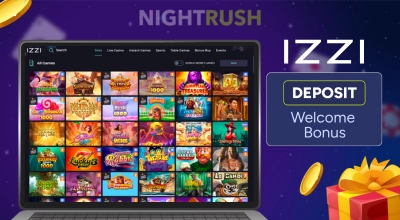 The IZZI Casino games on a laptop, a deposit button, gold, a gift box and the brand logo.