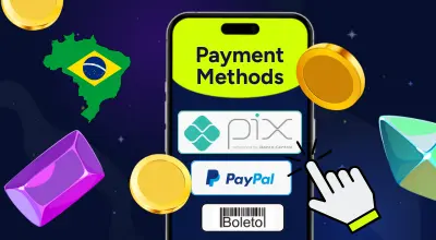 Payment methods on a phone, with casino items and a Brazilian flag against a starry background.