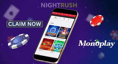 Monoplay's games on a phone, claim button and coins against a purple background.