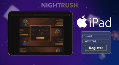 Casino registration on a tablet, the iPad logo and the registration symbol against a starry setting.