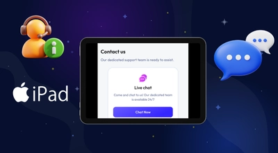 A tablet with contact us, customer items, and an iPad logo against a dark background.