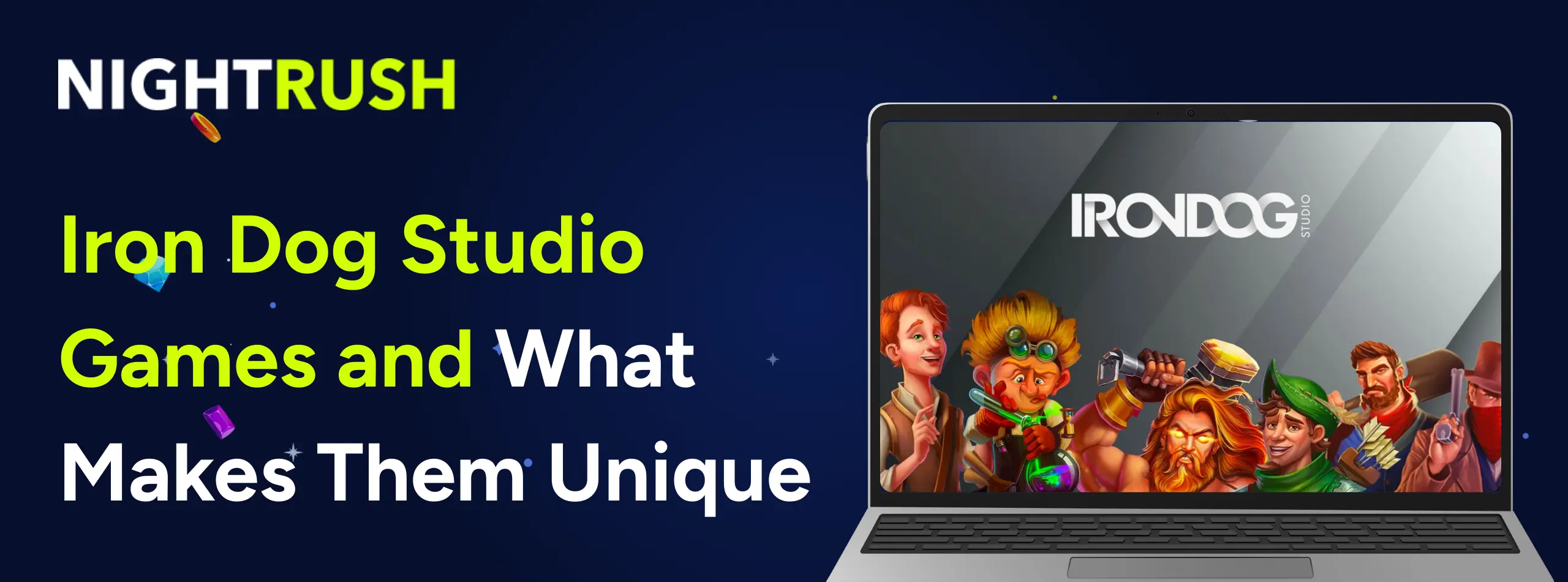 Laptop showing Iron Dog Studio game characters, text on blue background.