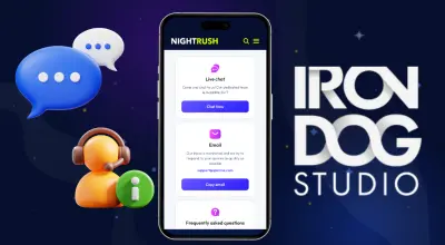 Laptop showing Nightrush website contact us page, support related items, Iron Dog Studio logo.