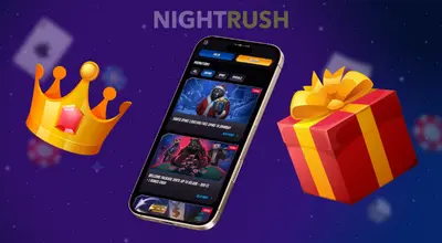 A smartphone screen displays casino promotions next to a golden crown and a gift box.