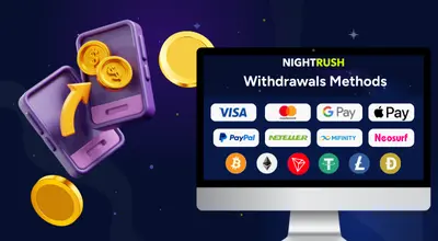 A computer screen shows payment and withdrawal methods, including cards, e-wallets, and crypto.