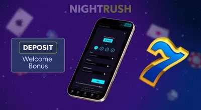 Smartphone showing the 1/2 sign-up form for a casino and a Deposit: Welcome Bonus graphic.