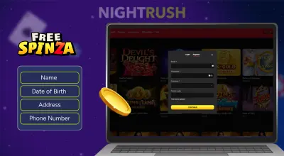 FreeSpinza on a laptop, its logo, a form, and a casino chip against a starry setting.