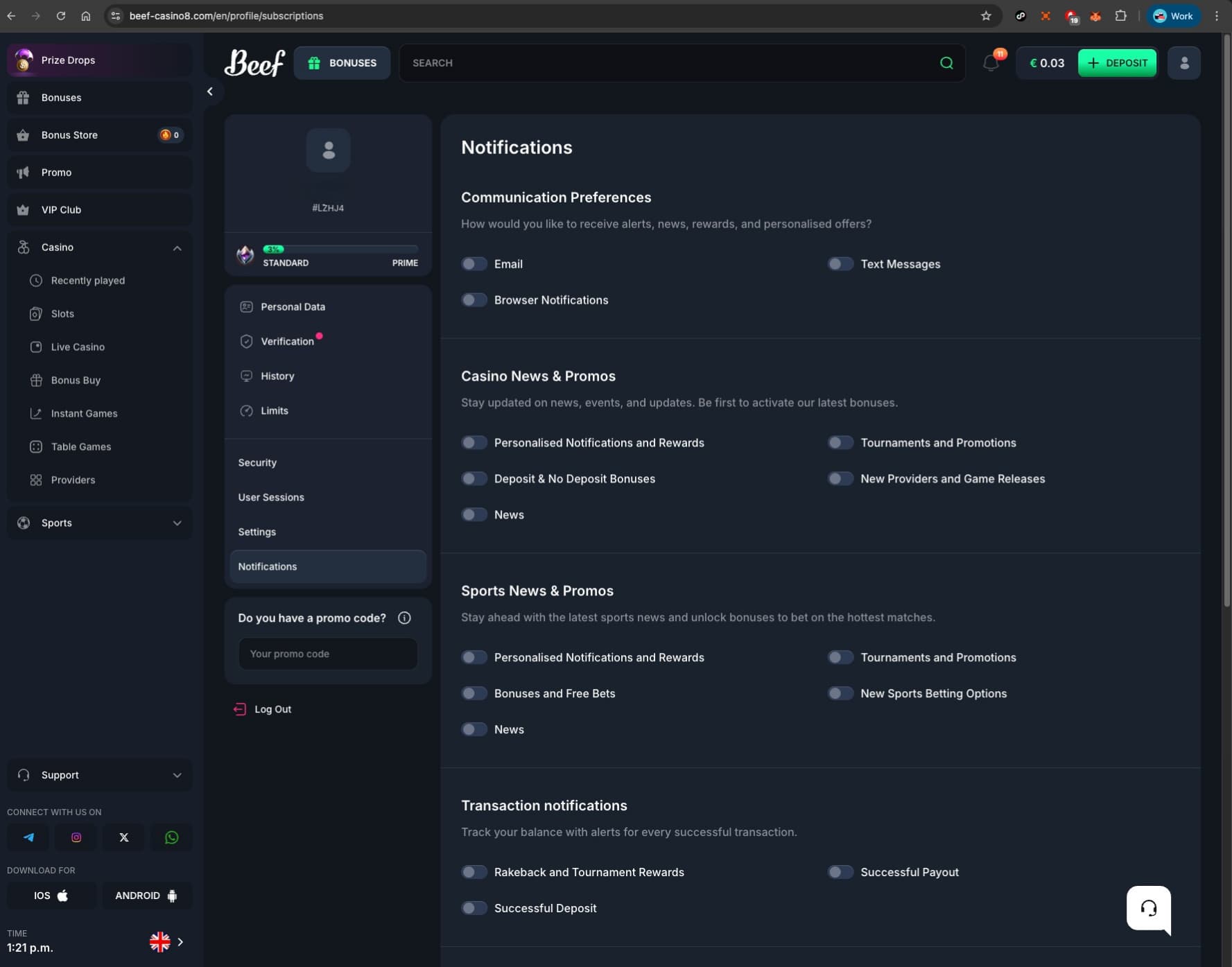 Beef Casino Notification Page