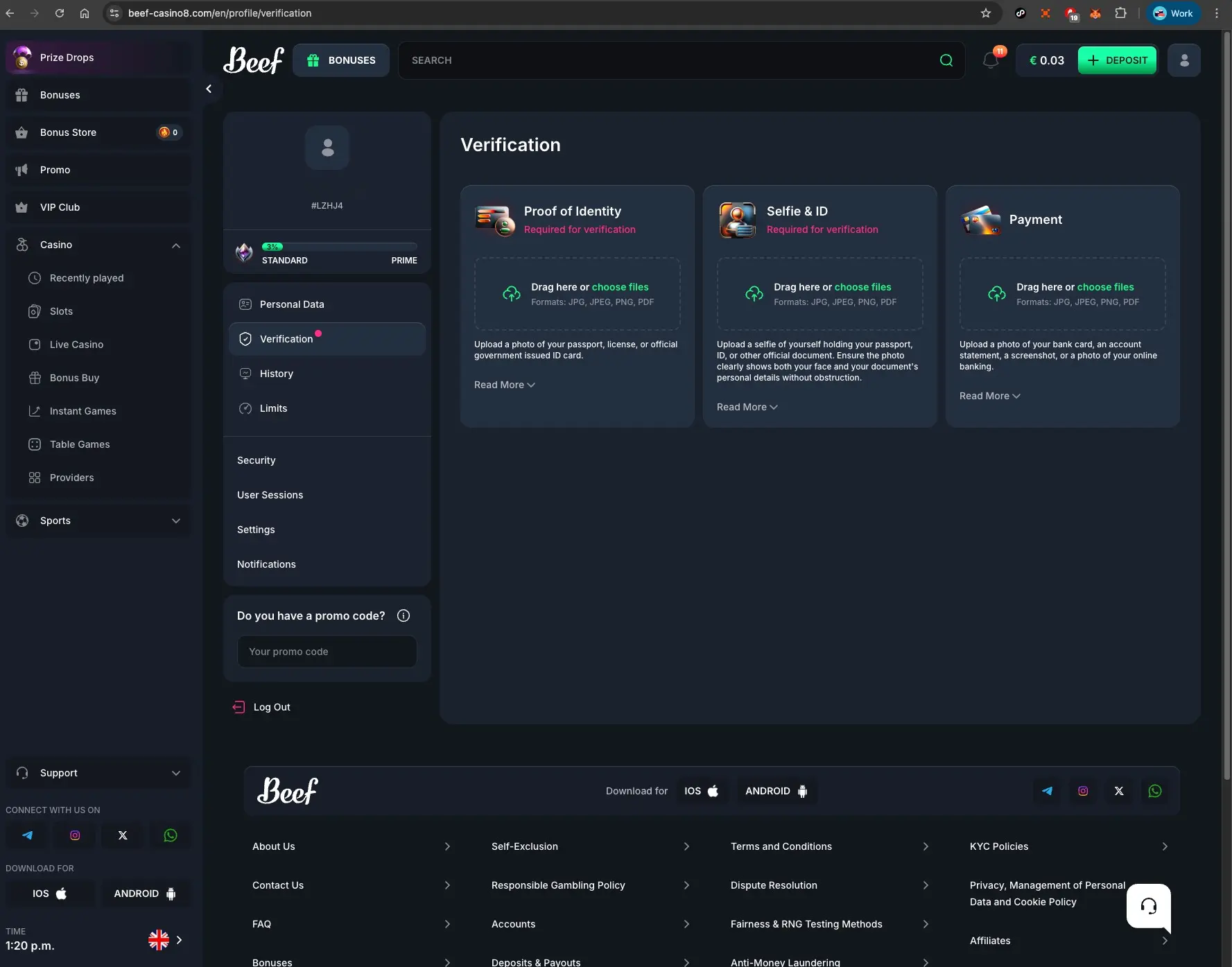 Beef Casino Verification Page