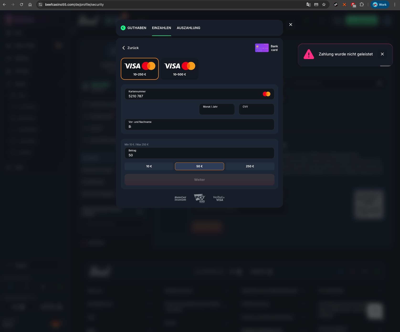 Beef Casino Withdrawal Page