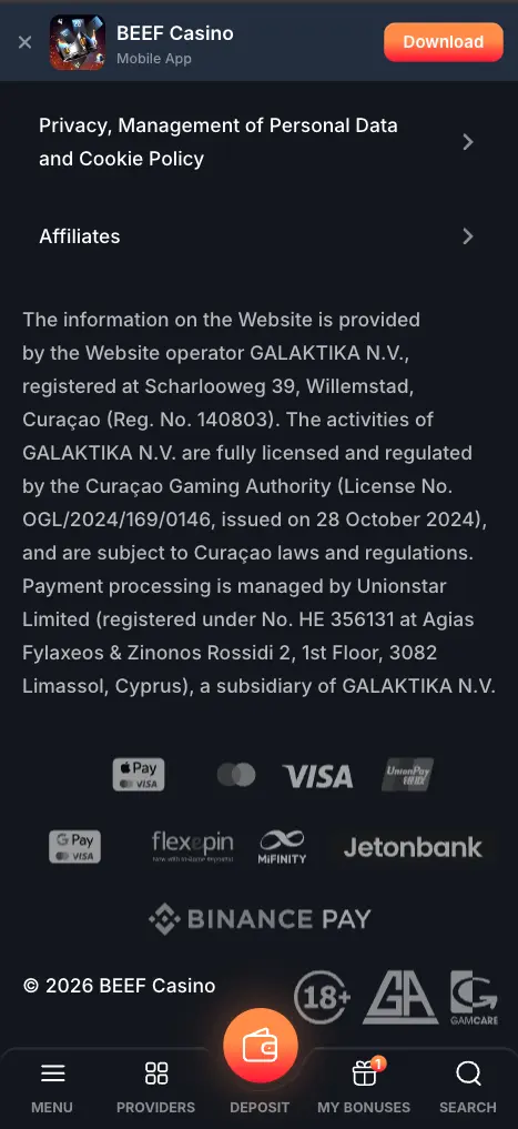 Beef Casino Mobile Footer