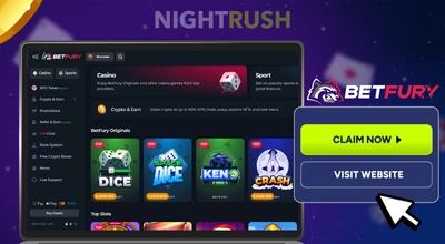 A laptop shows BetFury Casino's page and a claim now button against a starry background.