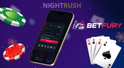 A phone shows BetFury Casino's register with casino items against a starry background.