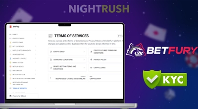 A laptop shows BetFury Casino's terms and a KYC button against a starry background.