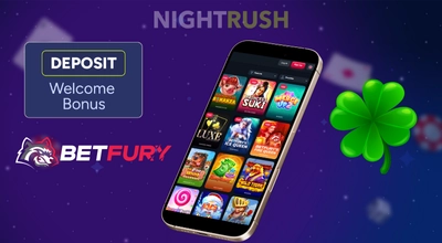A phone shows BetFury Casino's games and a deposit button against a starry background.