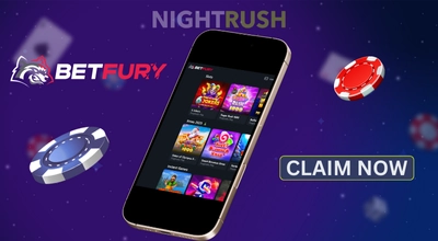BetFury Chile Casino's games on a phone with a claim now button against a starry background.