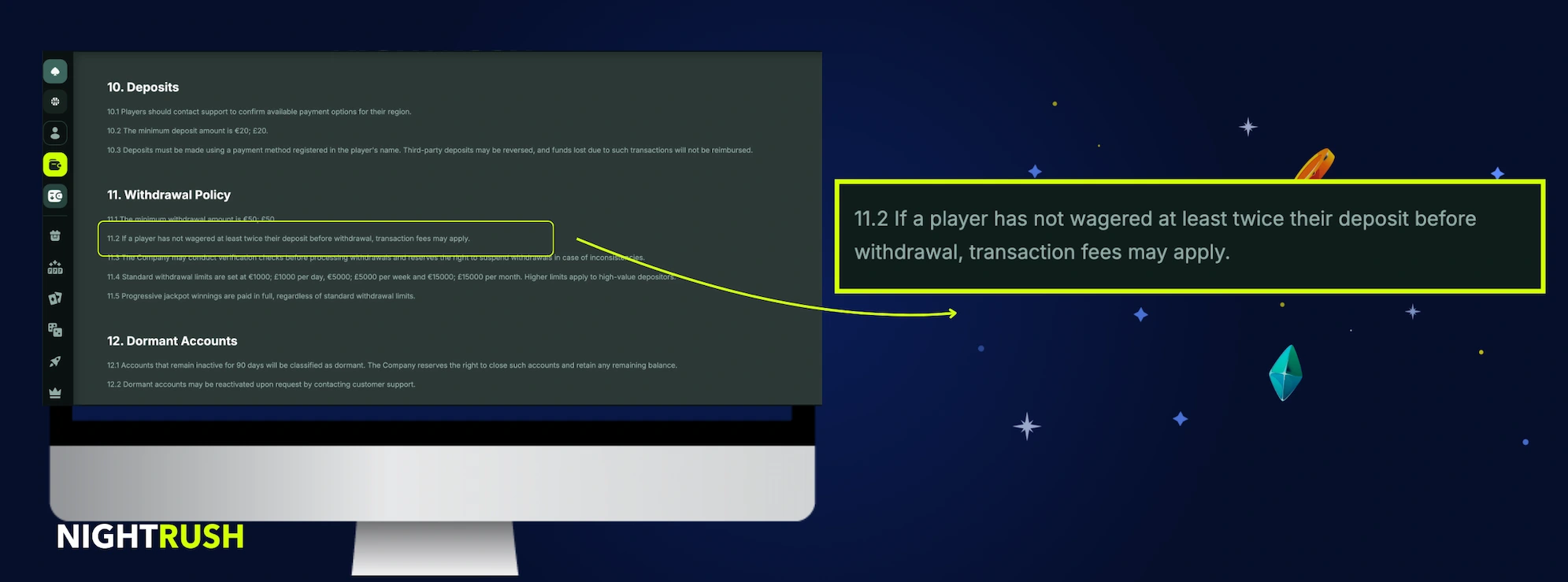 A desktop monitor displays a casino's withdrawal policy with a callout explaining potential transaction fees.