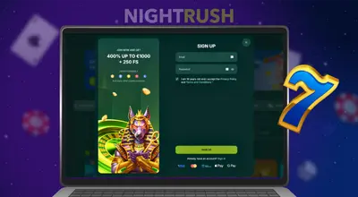 Laptop screen showing a casino sign-up modal with an Egyptian-themed graphic and email/password fields.