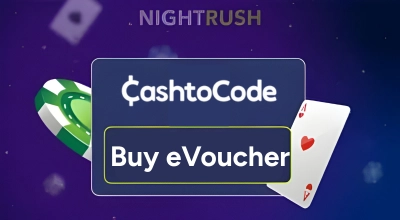 Buy eVoucher text inside a box with CashtoCode logo against a background of poker elements, logo NIGHTRUSH.