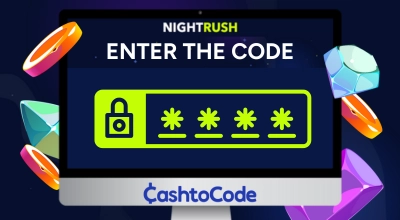 Computer displaying ENTER THE CODE above a password field, CashtoCode and the NIGHTRUSH logos.