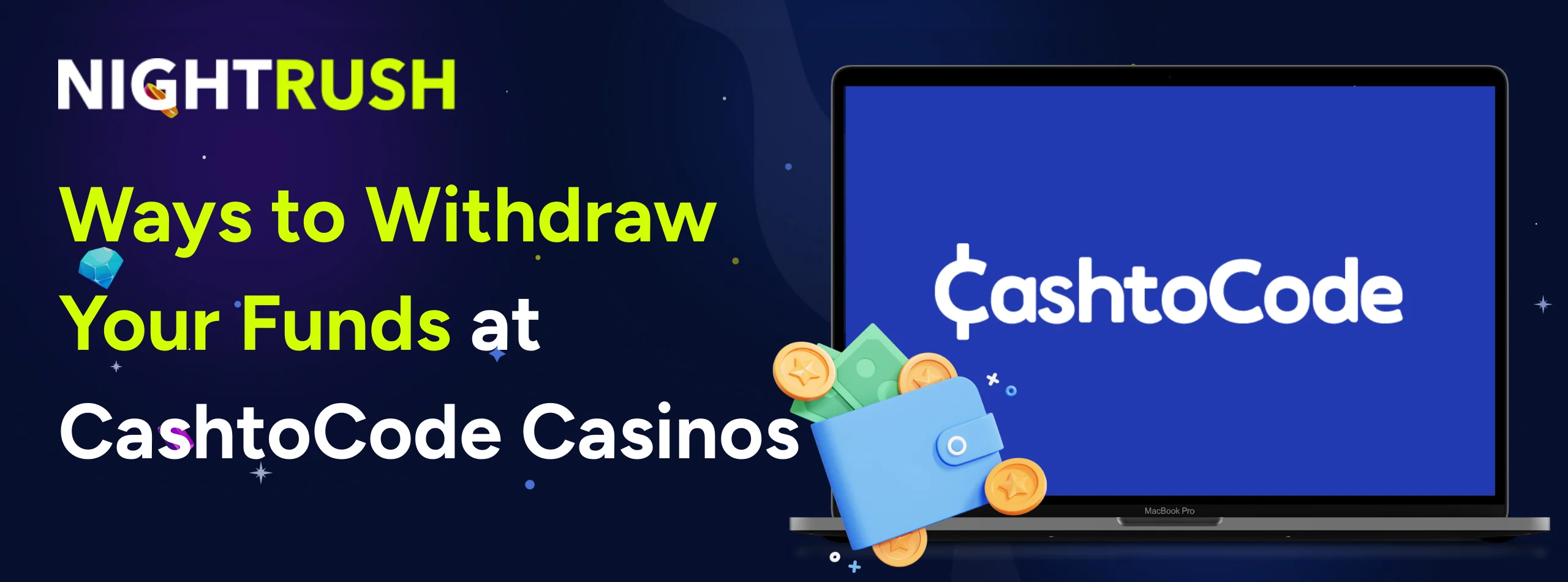 Laptop showing CashtoCode logo, wallet, text on blue background.