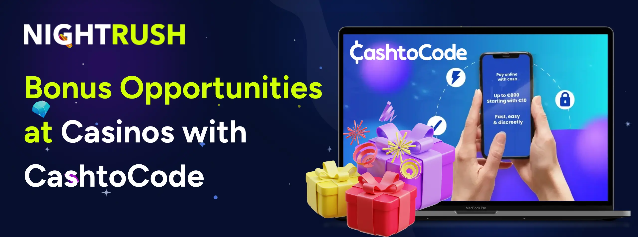 Laptop showing CashtoCode image, gift packages, next on blue background.