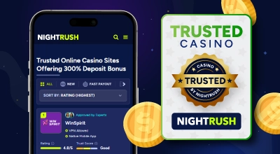 Trusted online casinos by Nightrush are displayed on the screen.
