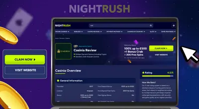 A laptop showing Casinia Casino review page on Nightrush.