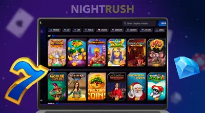 A laptop screen displays a casino lobby with popular slot game thumbnails next to a large blue number 7.