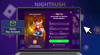 Laptop pop-up showing sign-up form and email verification icon next to a shield.