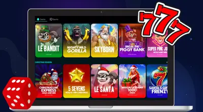 A casino lobby on a laptop screen showing various slot games with a triple seven and a red die.